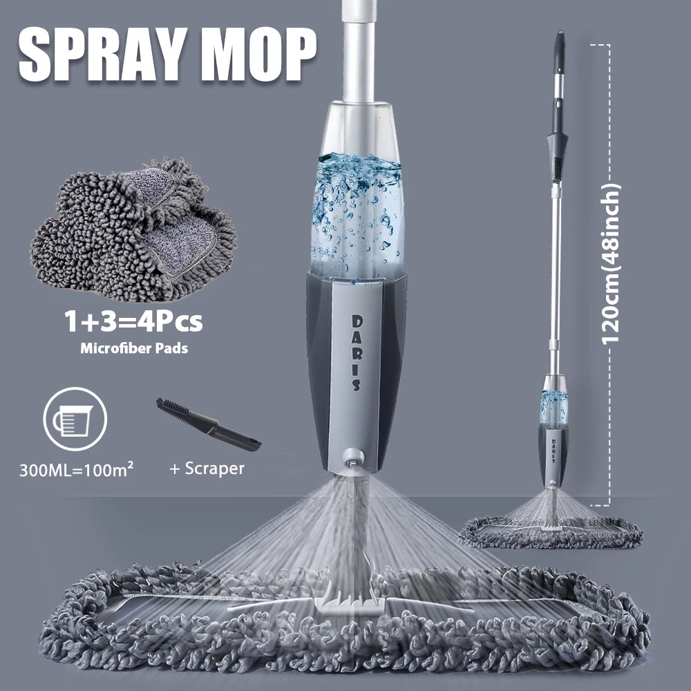Magic Spray Mop with Reusable Microfiber Pad 360° Rotating Head for Wooden Floors Kitchen Window Cleaning Tool