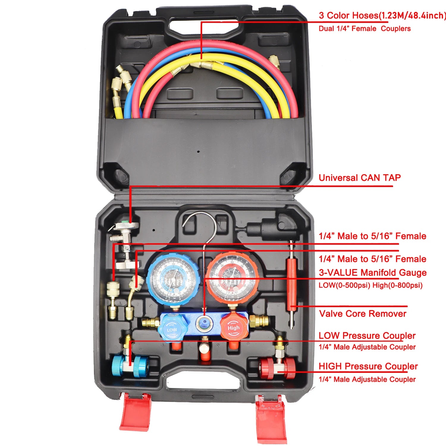 Automotive AC Manifold Gauge Set with Hoses Dual Pressure Gauges and Storage Case