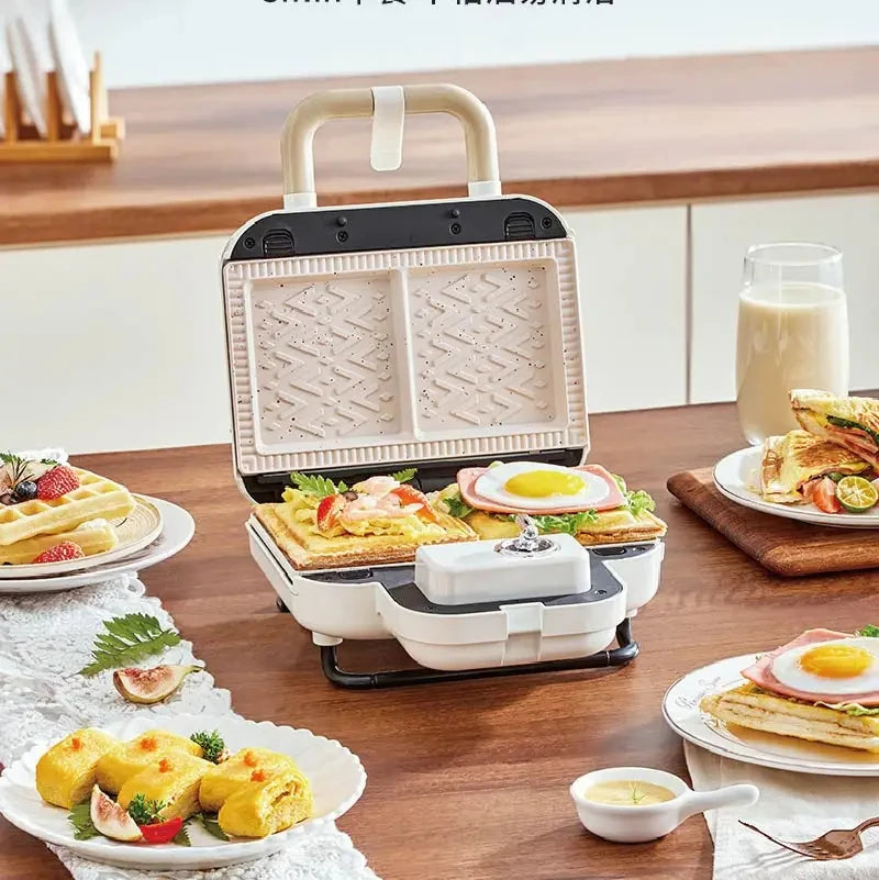 Sandwich Press 750W Non-Stick Double Plate Breakfast Maker with Timer for 4 Slice Sandwiches