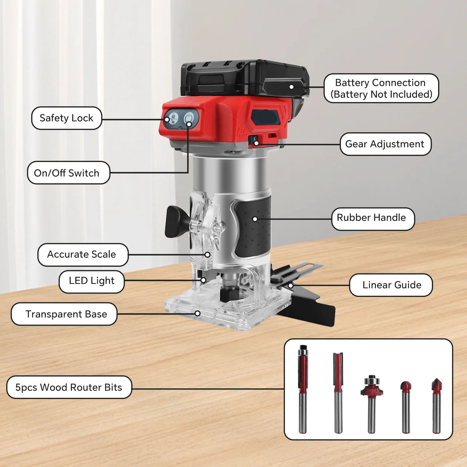Cordless Wood Router 800W Brushless 30000RPM 5-Speed 18V Trimmer with 5 Router Bits