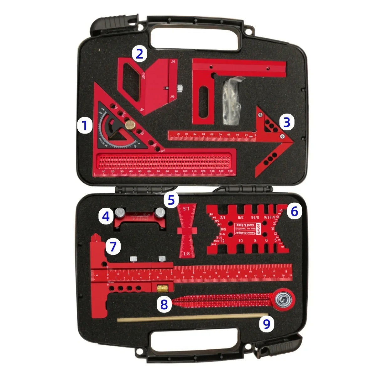 10 Pcs Woodworking Square Kit with Box, Aluminum Scribeing Ruler,Center Finder,Circular Drawing Compass,Honing Guide,Height Gauge