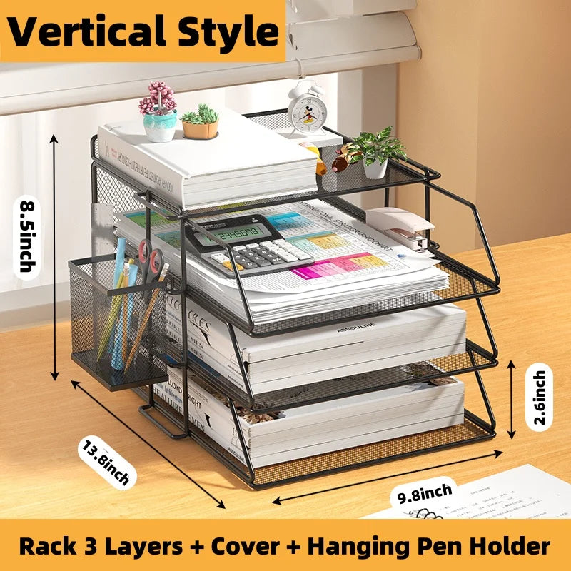 Metal Mesh Desktop Document Organizer with 3 Tier Letter Trays and Pen Holder for A4 Files