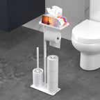 Floor Standing Toilet Paper Holder with Toilet Brush Holder and Storage Shelf Waterproof Metal Bathroom Organizer