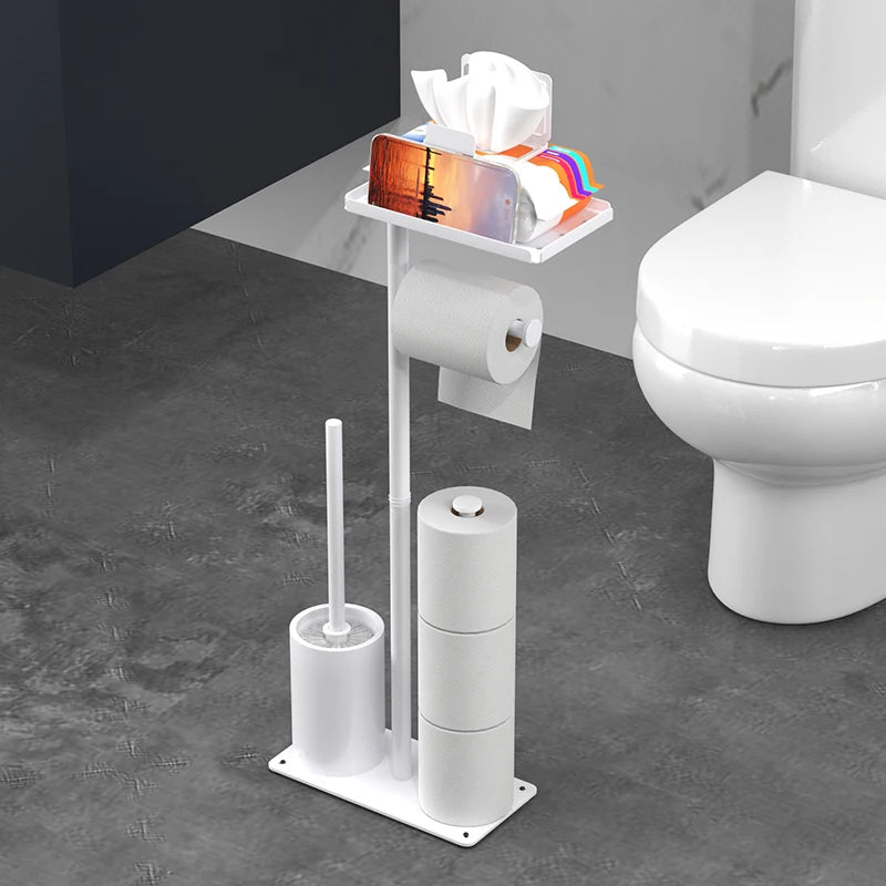 Floor Standing Toilet Paper Holder with Toilet Brush Holder and Storage Shelf Waterproof Metal Bathroom Organizer