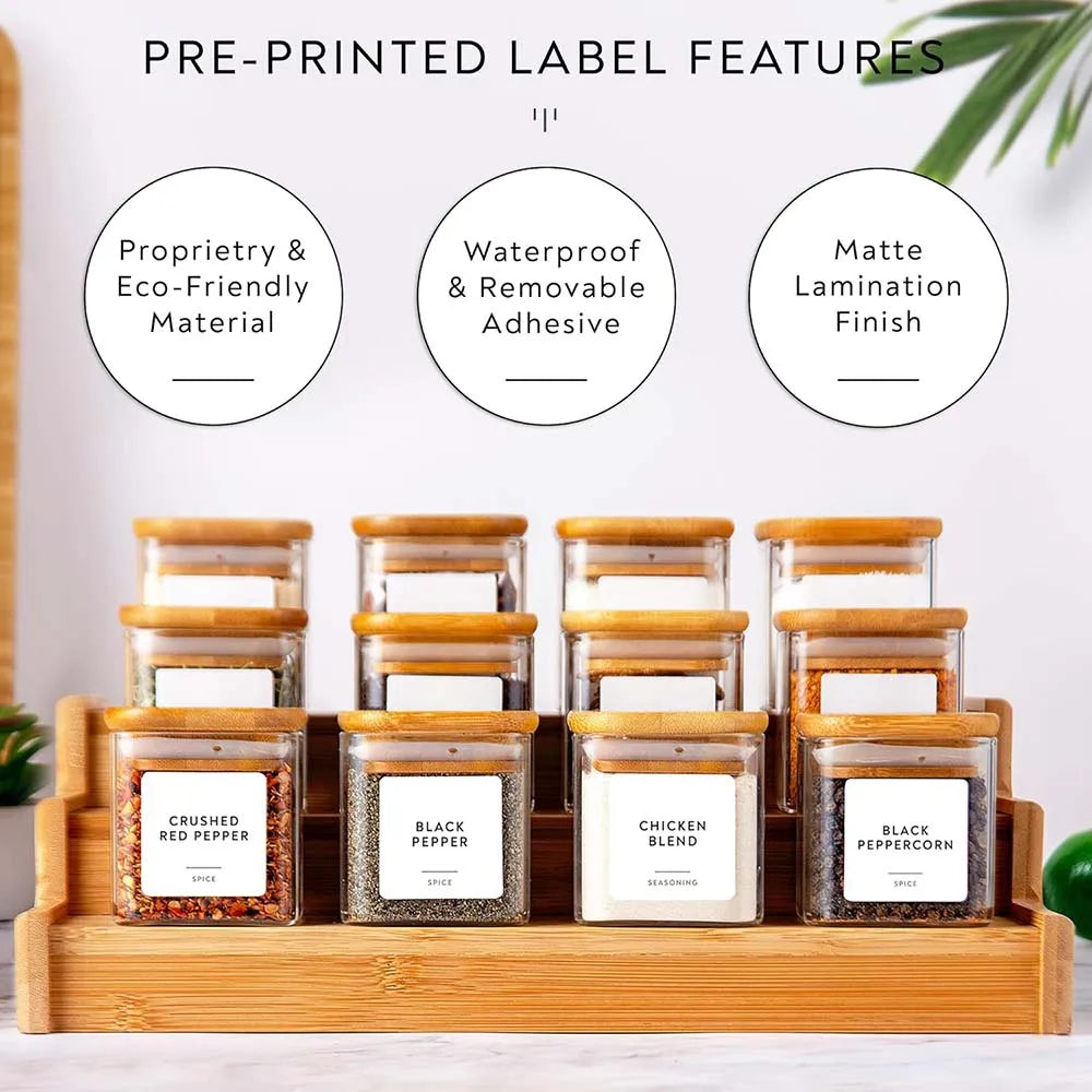 Glass Spice Jar Set with Bamboo Lids and Labels Square Food Storage Containers 6 or 12 Pack