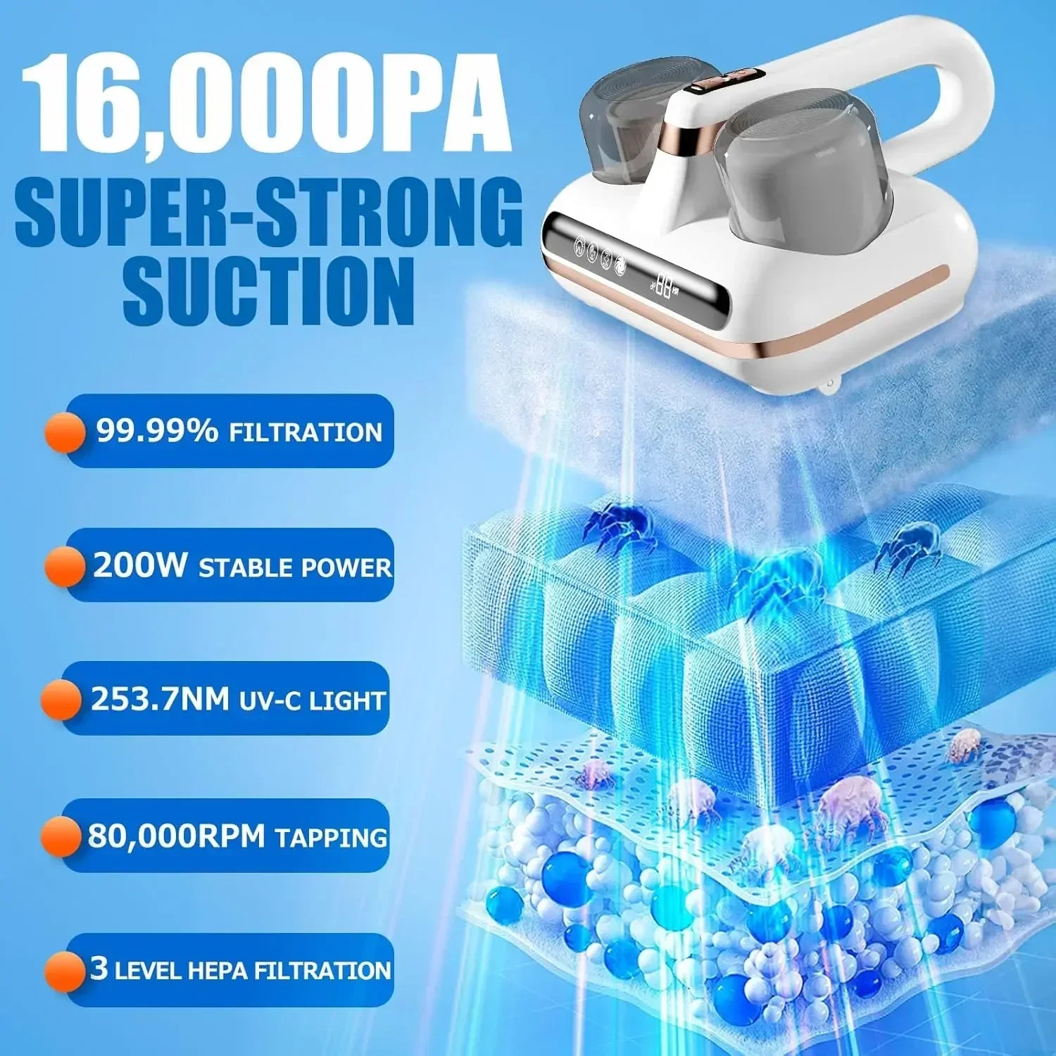 Portable Cordless UV Bed and Sofa Vacuum Cleaner with HEPA Filter and Strong Suction Handheld Cleaner