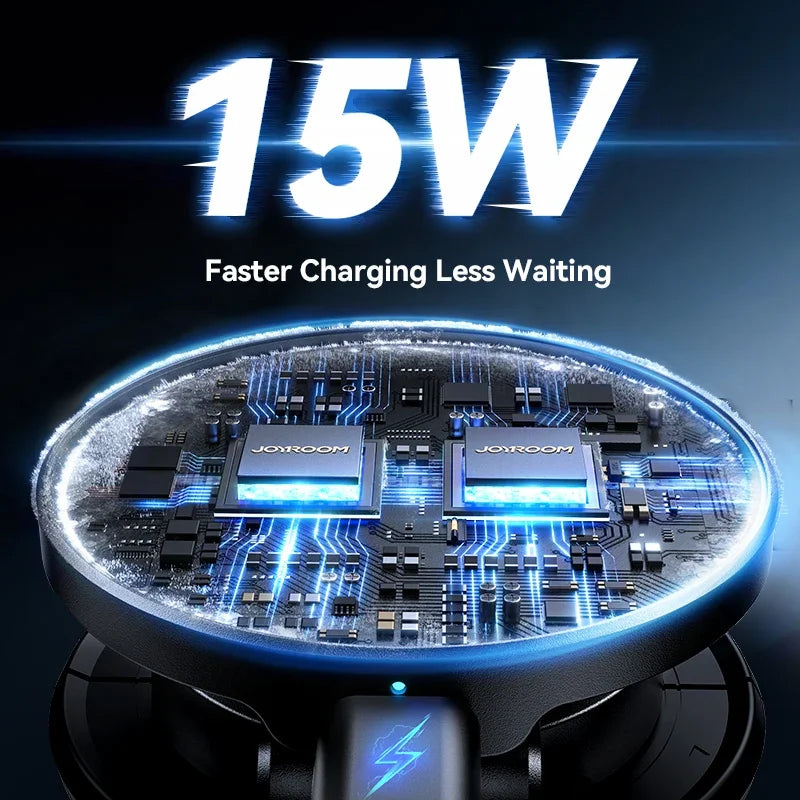 Portable Magnetic Car Phone Mount with 15W Wireless Charging and 360° Adjustable Rotation