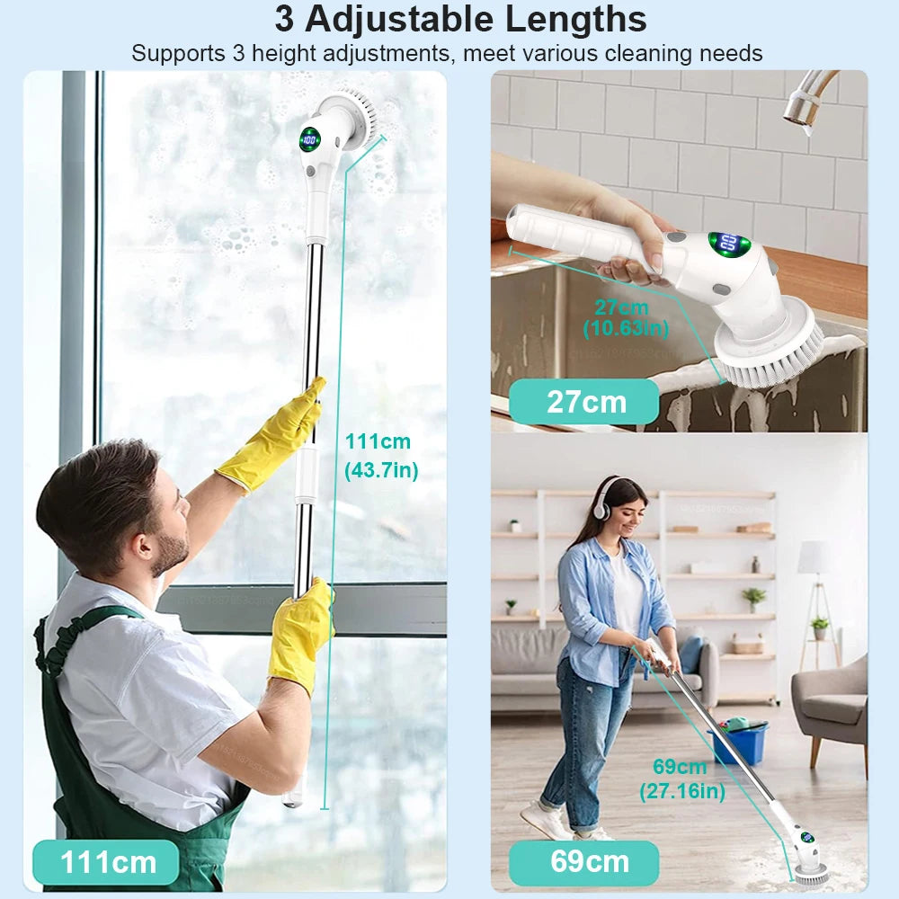 Electric Cleaning Brush 8-in-1 Cordless Rotatable Household Scrubber with Adjustable Handle