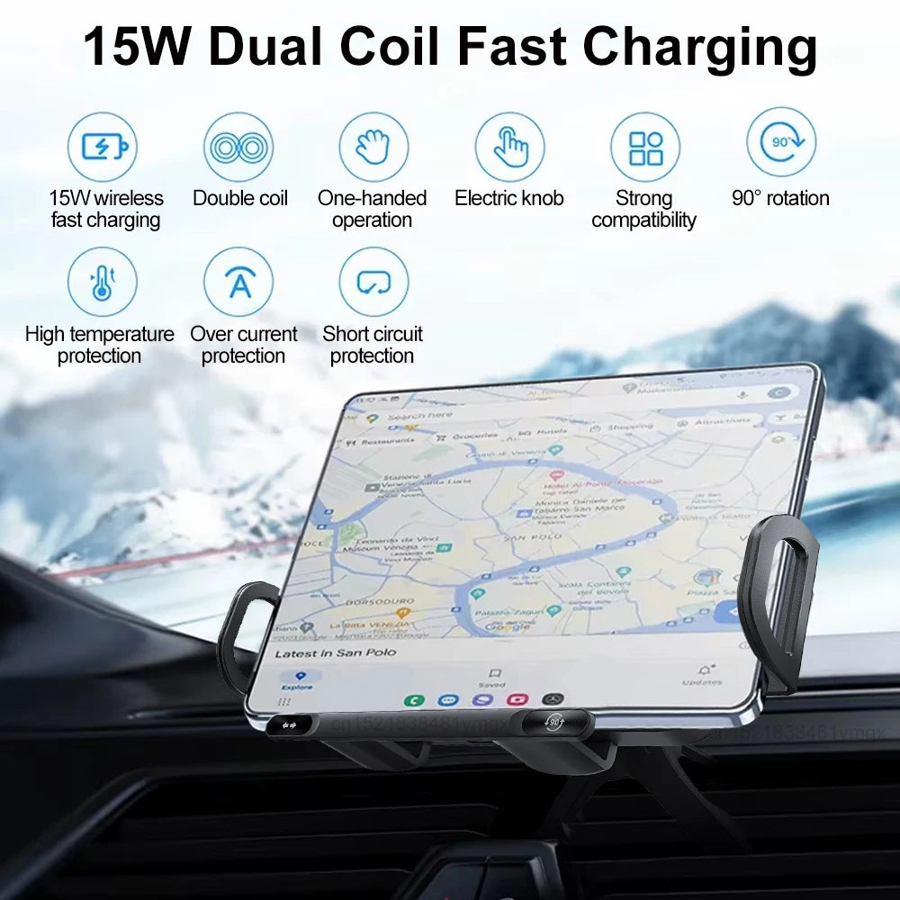 15W Wireless Car Charger with Dual Coil Fast Charging Phone Holder for Air Vent Mount