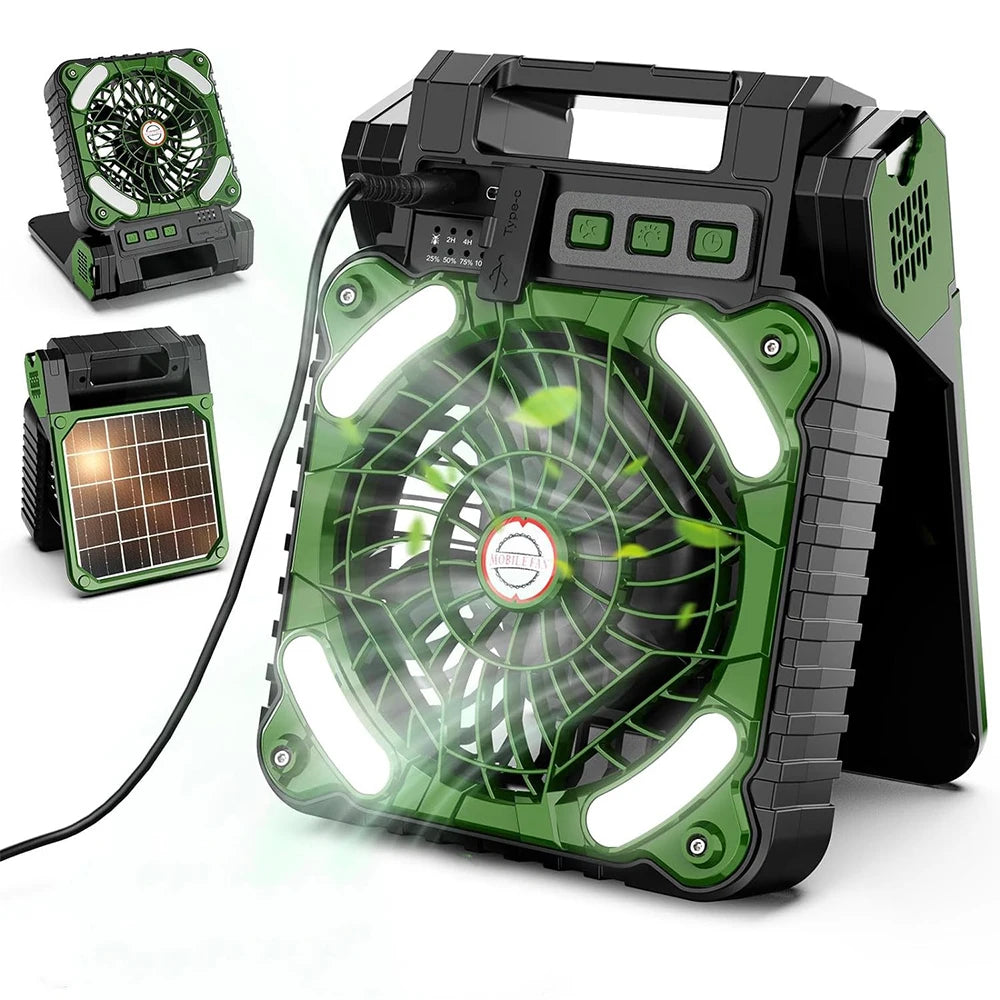 Rechargeable Solar Camping Fan with LED Lantern 7800mAh Battery 4 Speed Portable Table Fan