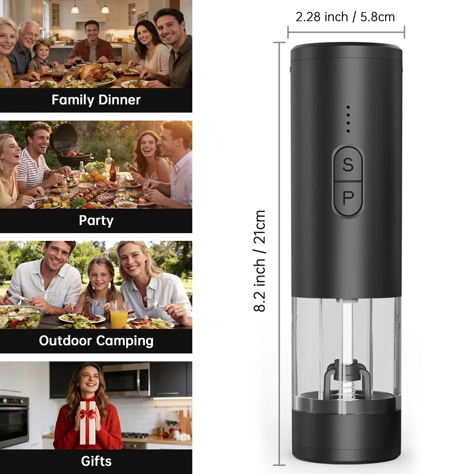 Rechargeable Electric Salt and Pepper Grinder with Adjustable Coarseness and Large Capacity
