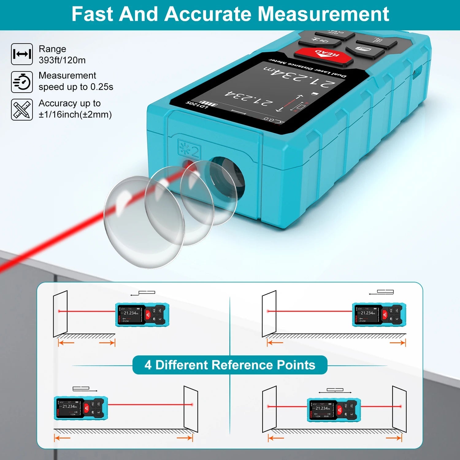 Rechargeable Laser Distance Meter 12000cm Digital Measuring Tool with Dual Laser and Angle Measurement