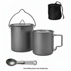 Lightweight Titanium Camping Cooking Set 750ml Pot 420ml Mug with Folding Spoon and Storage Bag