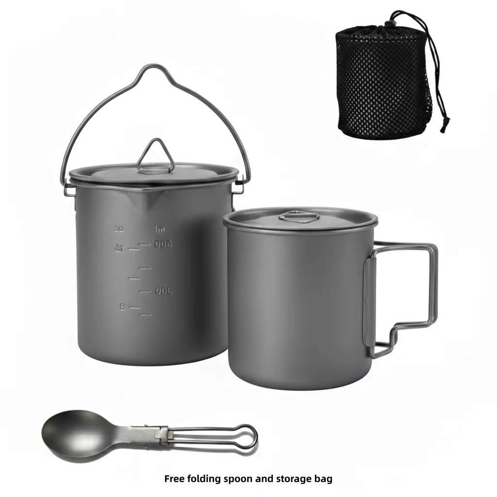 Lightweight Titanium Camping Cooking Set 750ml Pot 420ml Mug with Folding Spoon and Storage Bag