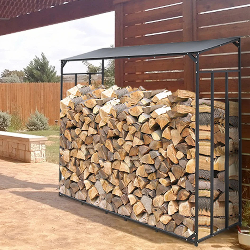 Outdoor Metal Firewood Storage Rack with Top Cover Heavy Duty Log Holder Stand