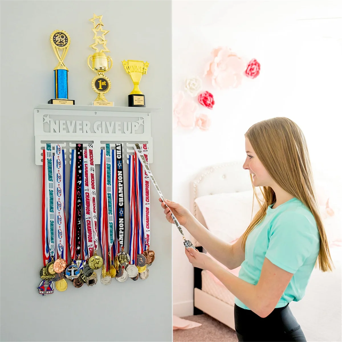 Medal Hanger Display with Trophy Shelf 4-Row Wall Mounted Metal Sports Award Rack