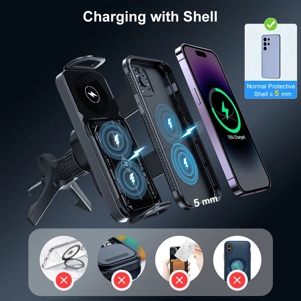 15W Wireless Car Charger with Dual Coil Fast Charging Phone Holder for Air Vent Mount