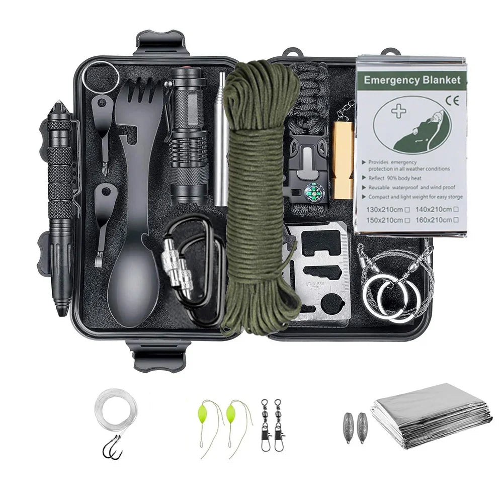 Professional Outdoor Survival Kit with First Aid, Multi-Tool, and Tactical Gear for Camping and Adventure