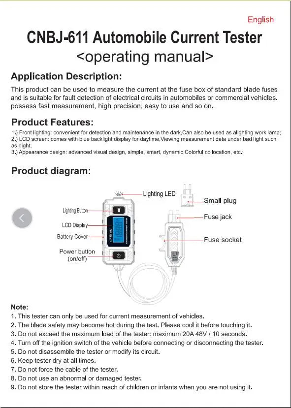 Portable Car Fuse Current and Leakage Tester with LCD Display Automotive Electrical Diagnostic Tool