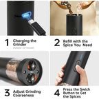 Rechargeable Electric Salt and Pepper Grinder with Adjustable Coarseness and Large Capacity