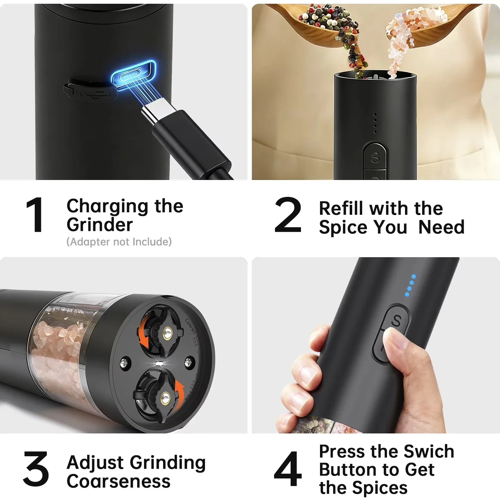 Rechargeable Electric Salt and Pepper Grinder with Adjustable Coarseness and Large Capacity