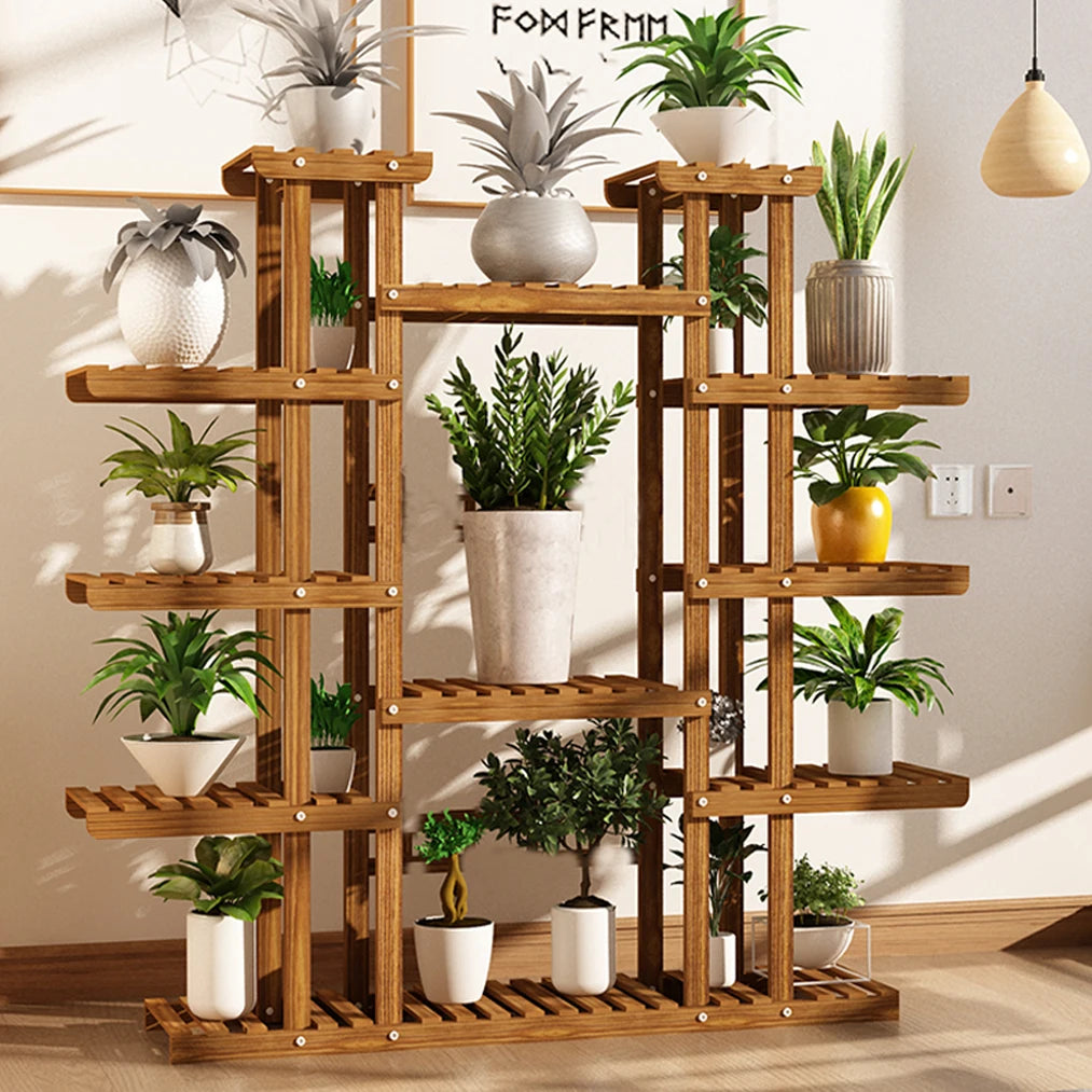 11 Tier Wood Plant Stand Carbonized High Widen Pot Display Shelf Holder Flower Shop Office Garden Indoor Outdoor Decor