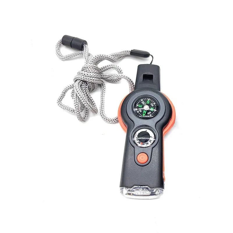 Portable 7-in-1 Outdoor Survival Tool with Compass, LED Flashlight, Whistle and Thermometer
