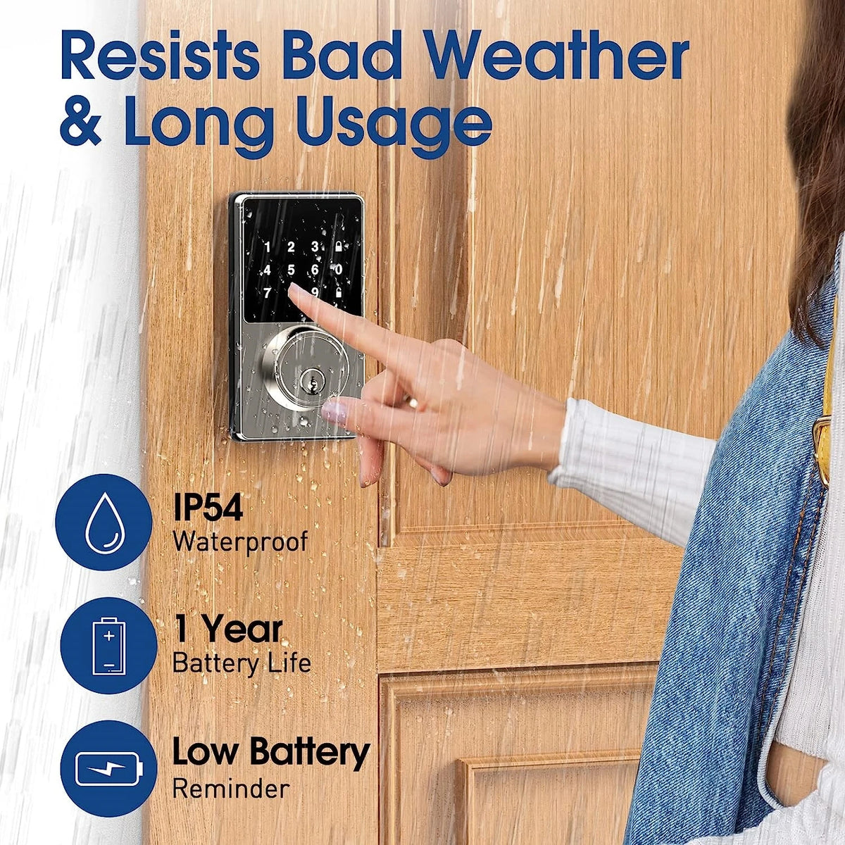 Electronic Door Lock with Touchscreen Keypad 50 User Codes Auto Lock and Mechanical Keys
