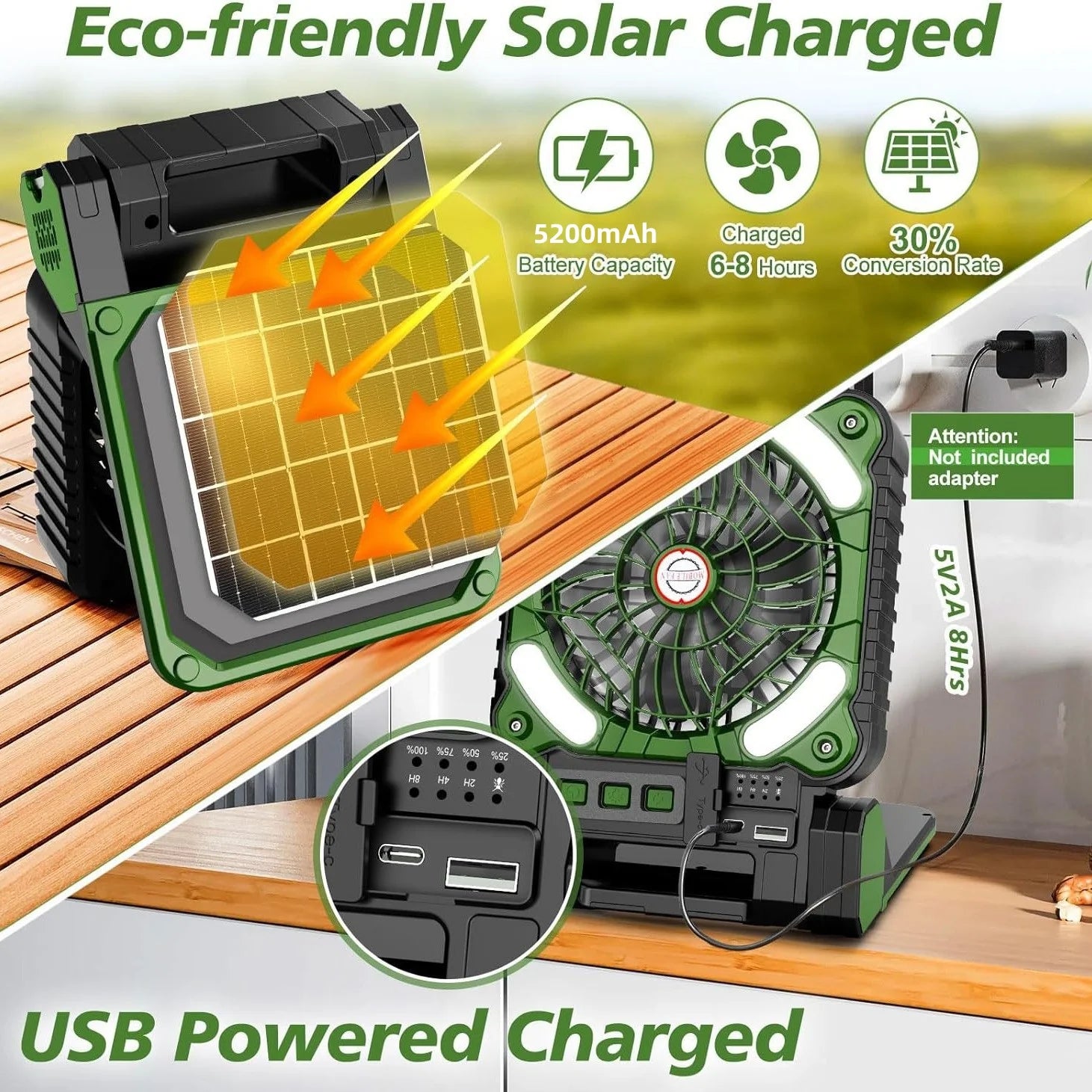Rechargeable Solar Camping Fan with LED Lantern 7800mAh Battery 4 Speed Portable Table Fan