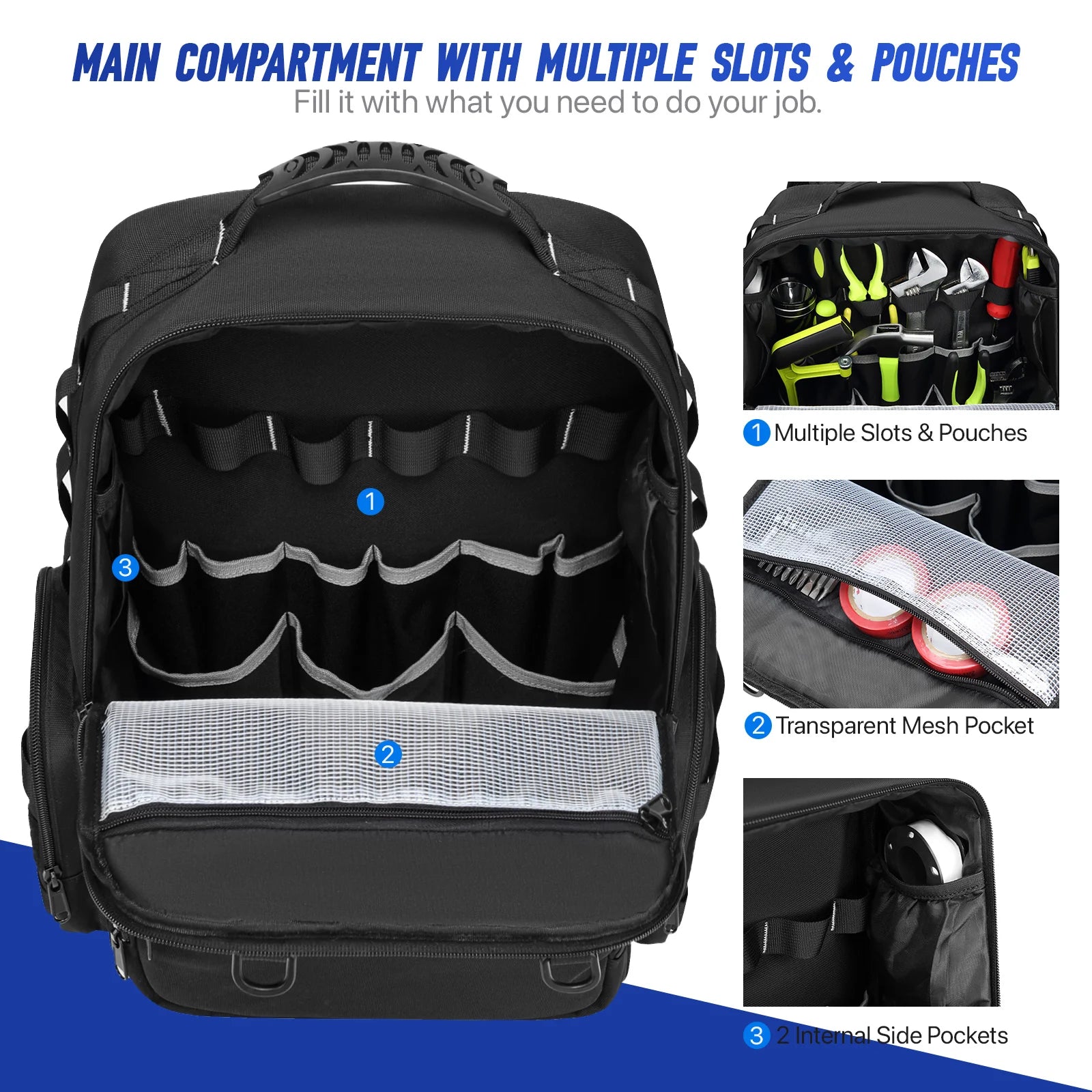Professional Tool Storage Backpack with Multiple Compartments and 3 Removable Pouches