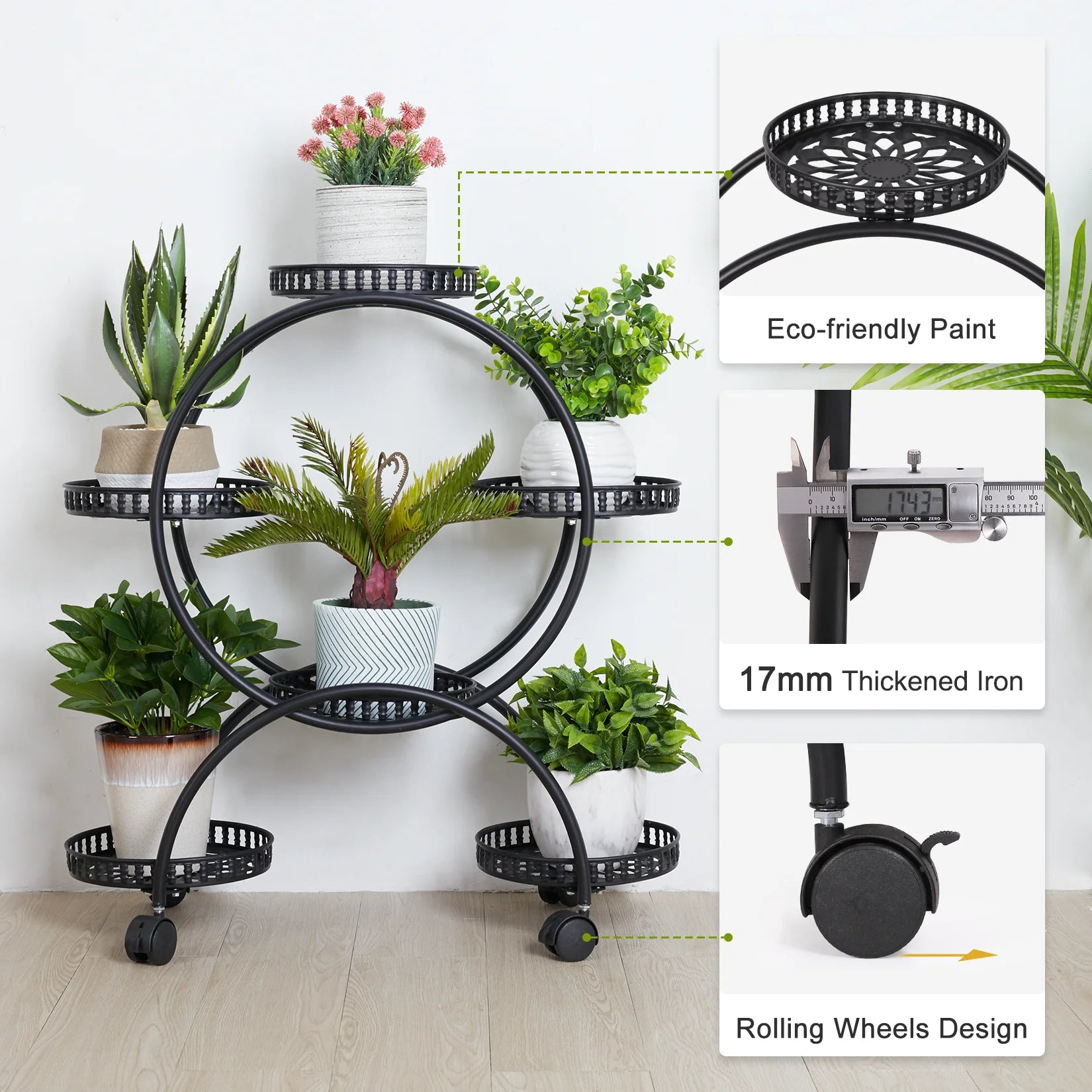 6 Tier Metal Plant Stand with Wheels 6 Pot Holder Rack for Indoor Outdoor Balcony Garden