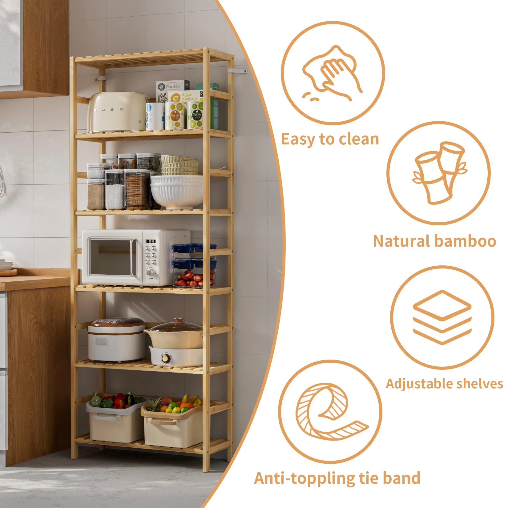 Bamboo 6 Tier Storage Shelf Tall Freestanding Rack for Books Plants and Bathroom
