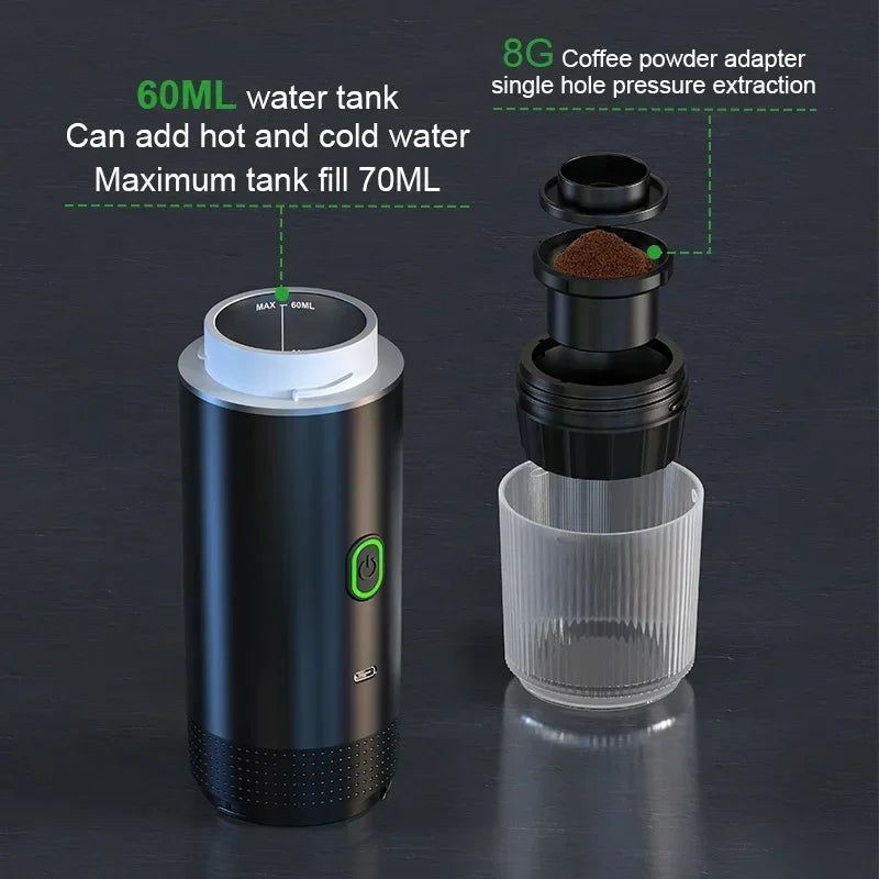 Portable Wireless Espresso Coffee Machine 72W Rechargeable 60ml Coffee Maker for Travel Camping