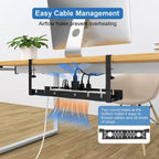 Under Desk Cable Management Tray Adjustable Metal Organizer Rack with No Drill Clamp Mount