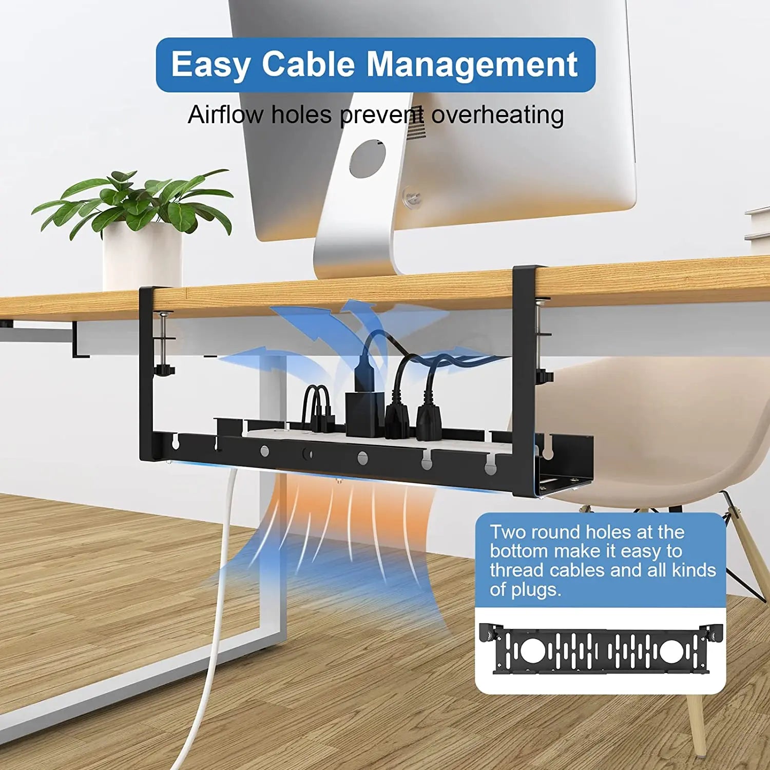 Under Desk Cable Management Tray Adjustable Metal Organizer Rack with No Drill Clamp Mount