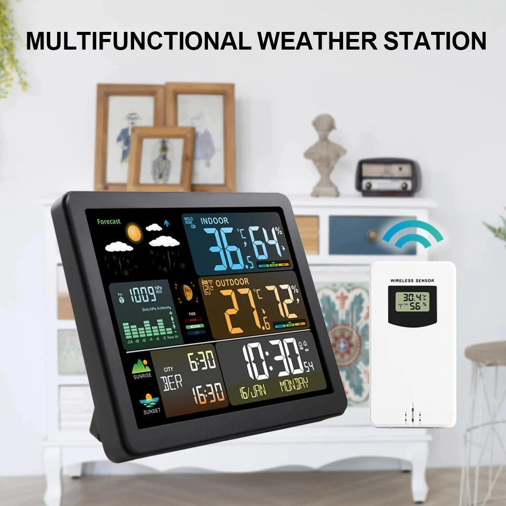 Wireless Digital Weather Station Clock with Indoor Outdoor Temperature Humidity Sensor and Forecast Display