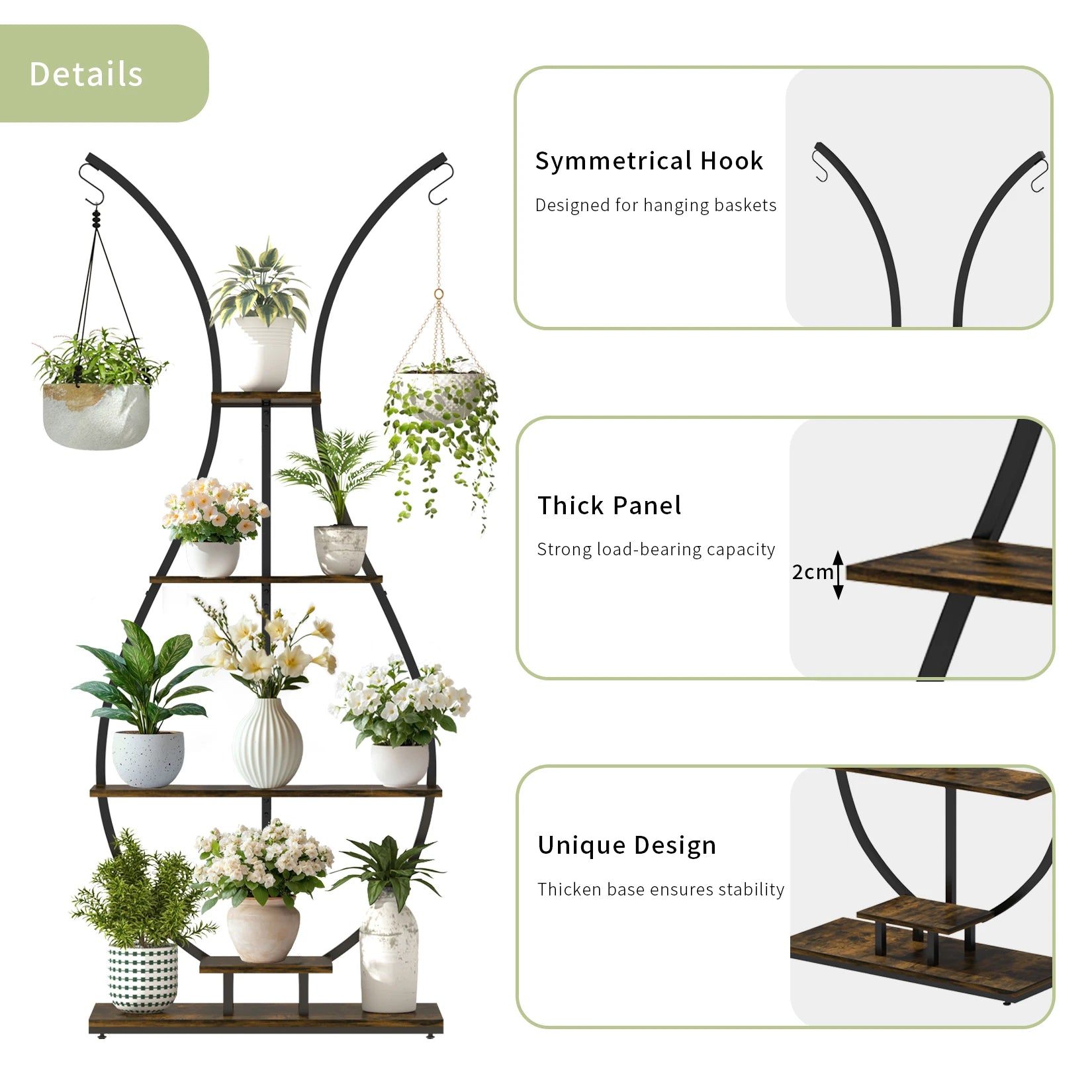 Vase Shape Tall Planter Display Rack Metal Garden Plant Stand with 5 Tiers and Hangers