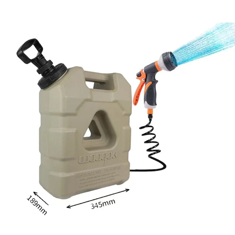21L Portable Camping Water Tank with Manual Pressure Pump, Spray Head and Coiled Hose