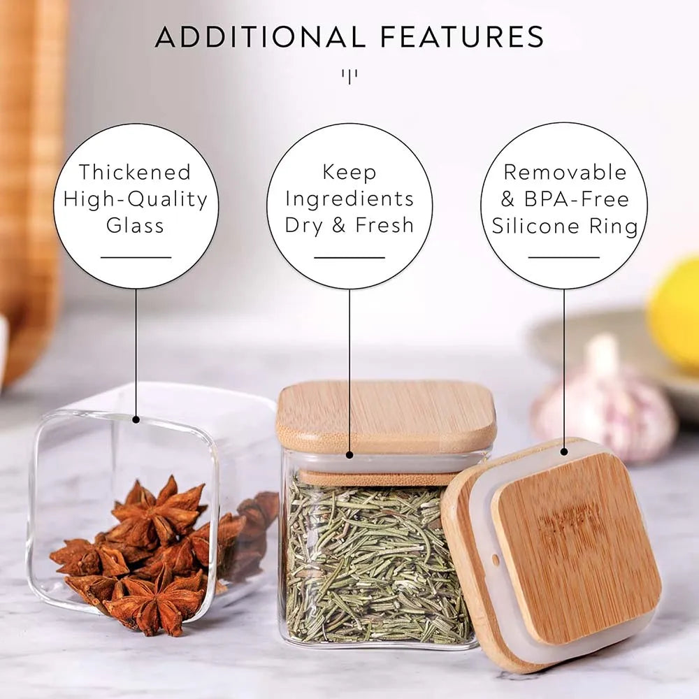Glass Spice Jar Set with Bamboo Lids and Labels Square Food Storage Containers 6 or 12 Pack
