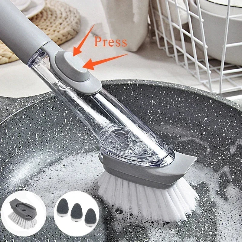 Multi-Function Dish Cleaning Brush with Soap Dispenser Scraper and 2 Sponge Heads