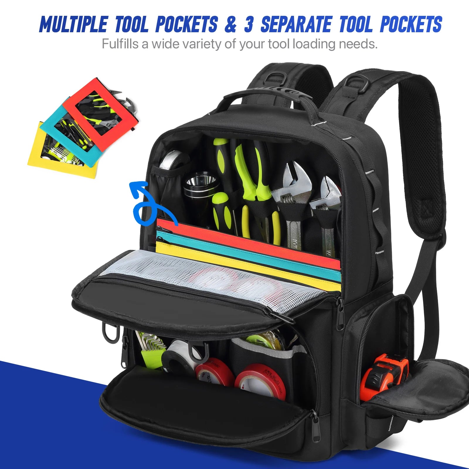 Professional Tool Storage Backpack with Multiple Compartments and 3 Removable Pouches