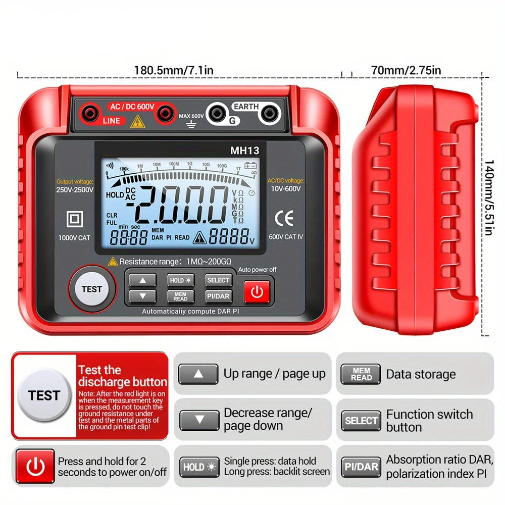 Digital Insulation Resistance Tester Megohmmeter with Backlit Display and Data Storage