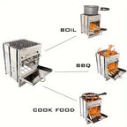 Portable Stainless Steel Camping Stove with Charcoal Grill Foldable Outdoor Cooking Stove