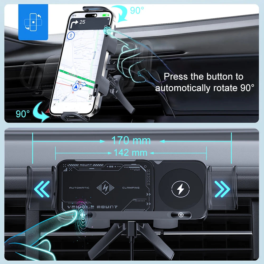 15W Wireless Car Charger with Dual Coil Fast Charging Phone Holder for Air Vent Mount