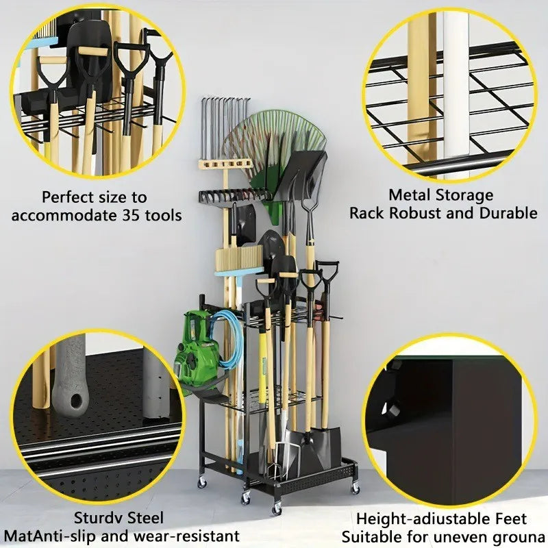 Heavy Duty Garden Tool Organizer Rack with Storage Slots for Rakes Brooms and Long Handle Tools