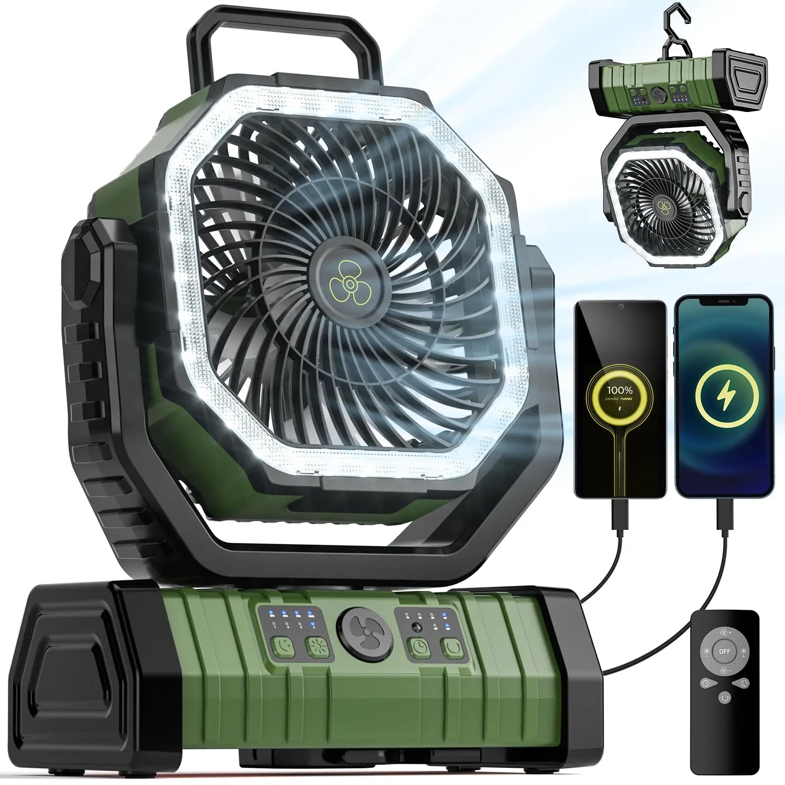 Portable Rechargeable Camping Fan with LED Light 20000mAh Battery 4 Speed Outdoor Tent Fan with Remote