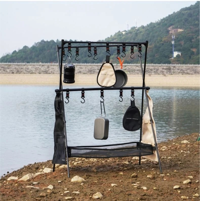 Foldable Camping Storage Rack Aluminum Alloy Multi-Level Organizer with Hanging Hooks