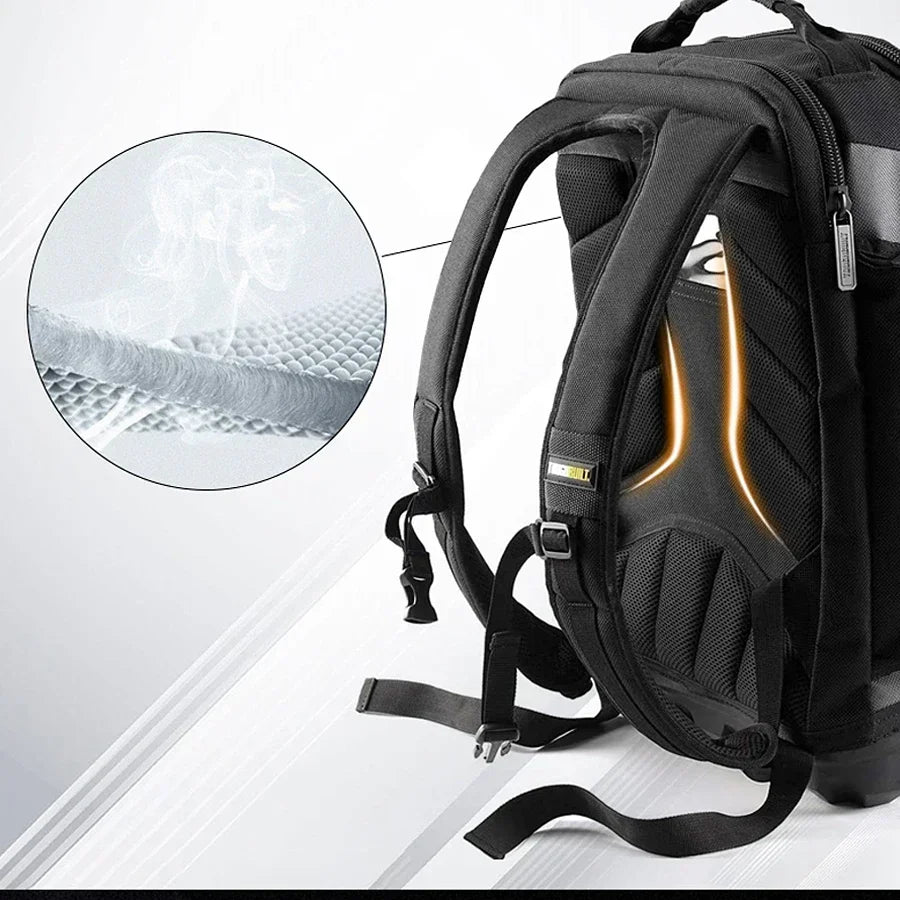 Heavy Duty Tool Backpack with Rugged Base 31 Pocket Tool Organizer Bag for Electricians Technicians