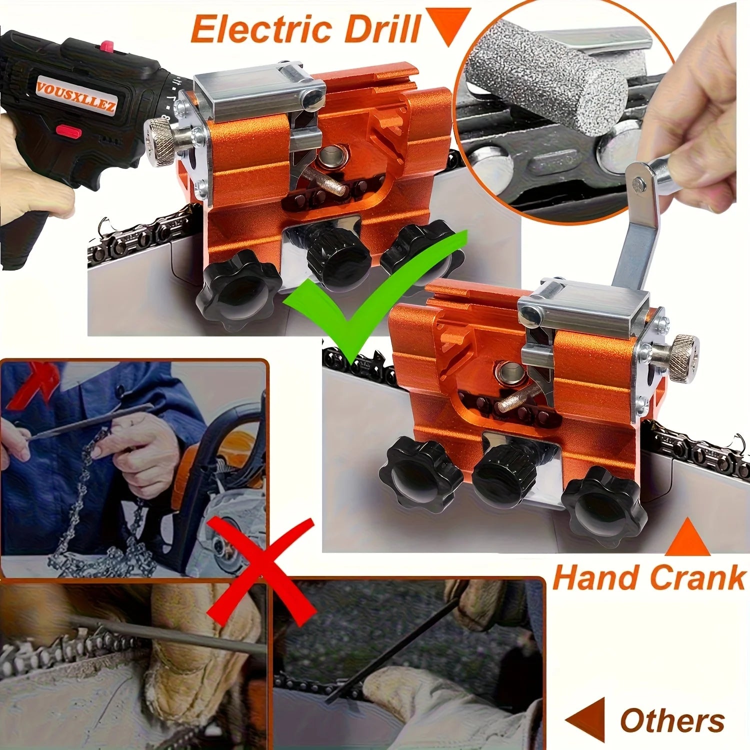 Chain Sharpening Tool Portable Manual Grinder Clamp Kit with 4 Grinding Heads for 10cm-56cm Guide Bars