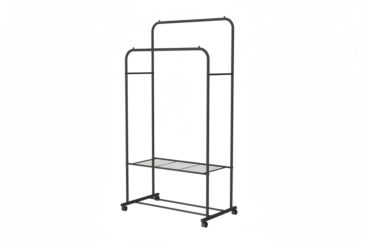 Heavy Duty Rolling Clothes Rack Double Rail with Shelf Metal Garment Storage Stand